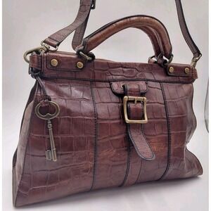 FOSSIL Brown Crocodile Embossed Cowhide Leather Satchel Crossbody Purse Luxury